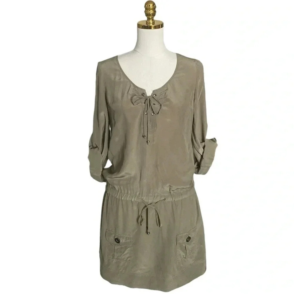 GUESS JEANS |100% Silk Olive Green Cargo Style Mini Dress Size 7 (Equivalent M)